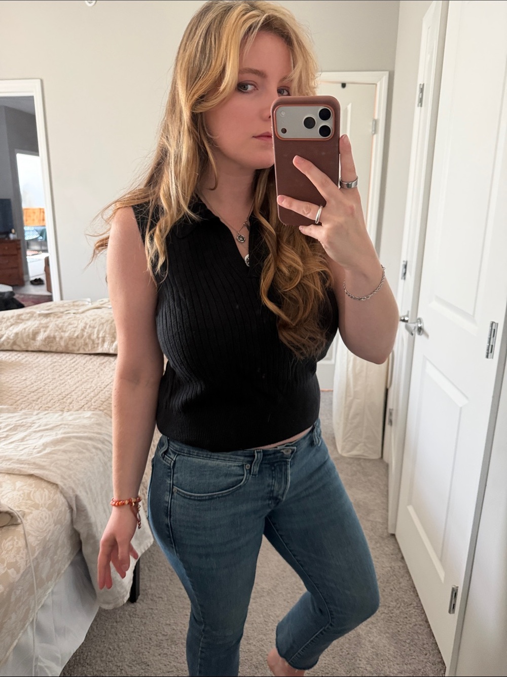 Sleeveless Rib Knit Collared Top - Black